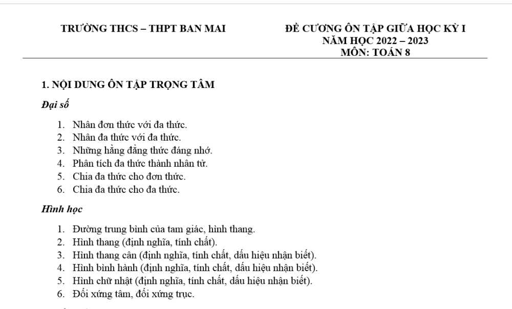 Toán 8: Đề cương Ôn tập giữa học kỳ 1. Trường THCS Nguyễn Trường Tộ năm học 2022-2023biên soạn và chia sẻ.